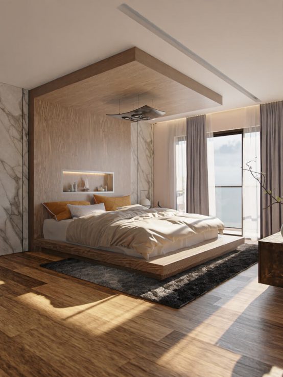 Bedroom interior with material settings (Curtain) • Blender 3D Architect